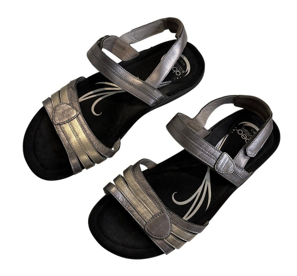 Abeo Sandals Womens 8.5 Neutral Brynn Strappy Gray Leather Metallic Slingback
